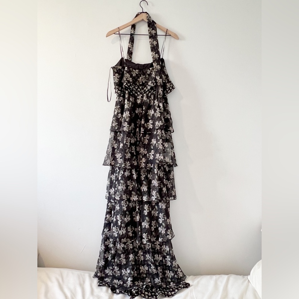 NWT Jill Stuart Kiera floral ruffle tiered gown maxi dress black formal boho - Picture 9 of 12